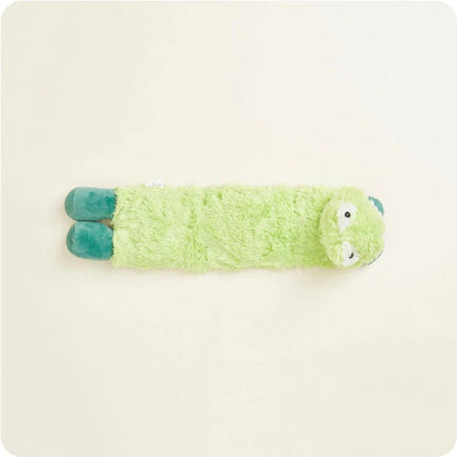 A top-down view of the Warmies Frog Cozy Wraps in light green with teal feet and a face, on a plain white background.