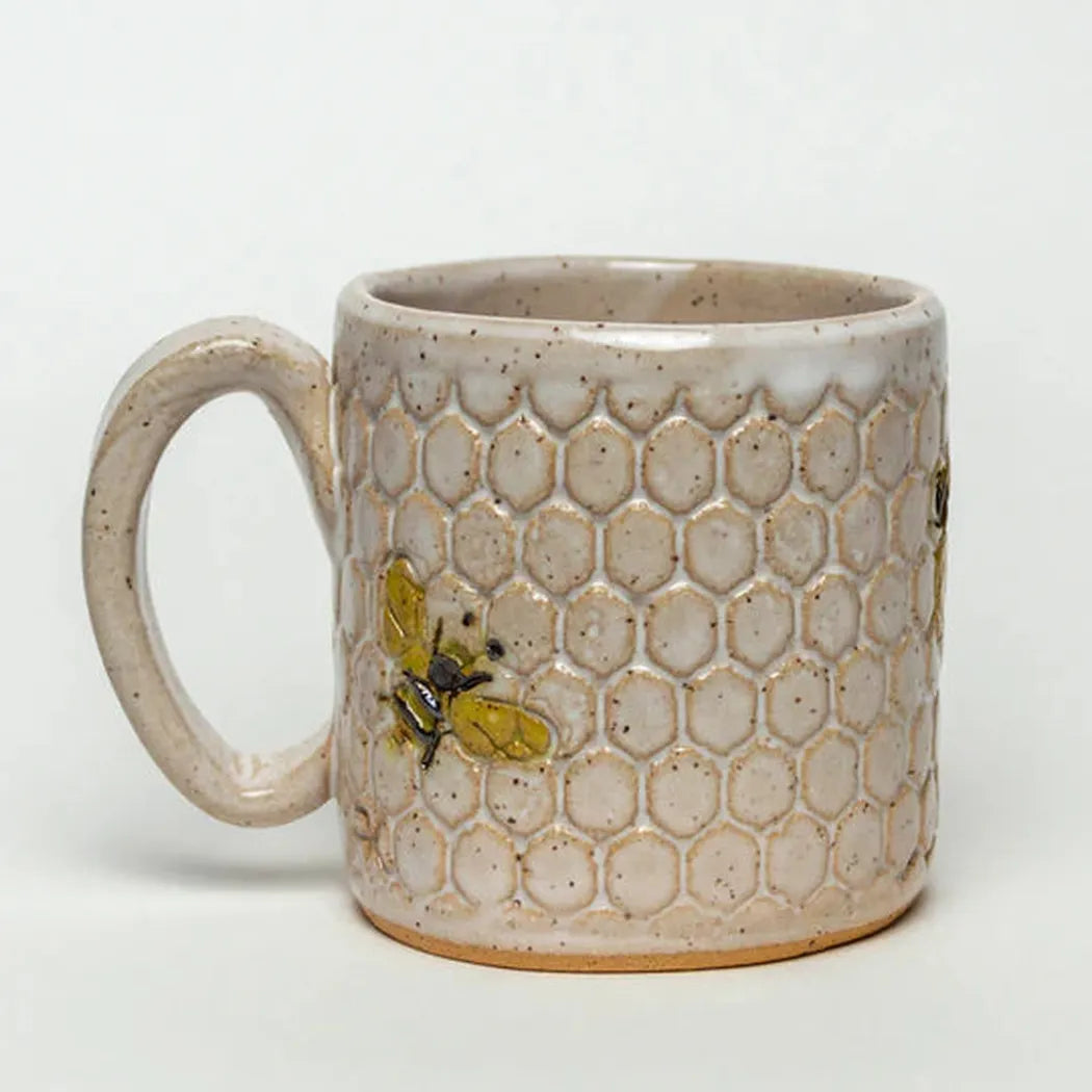 White Squirrel Clayworks Bee Pattern Handmade in Ohio Ceramic White 10 oz Mug-Camping - Cooking - Dishware-White Squirrel Clayworks-Appalachian Outfitters