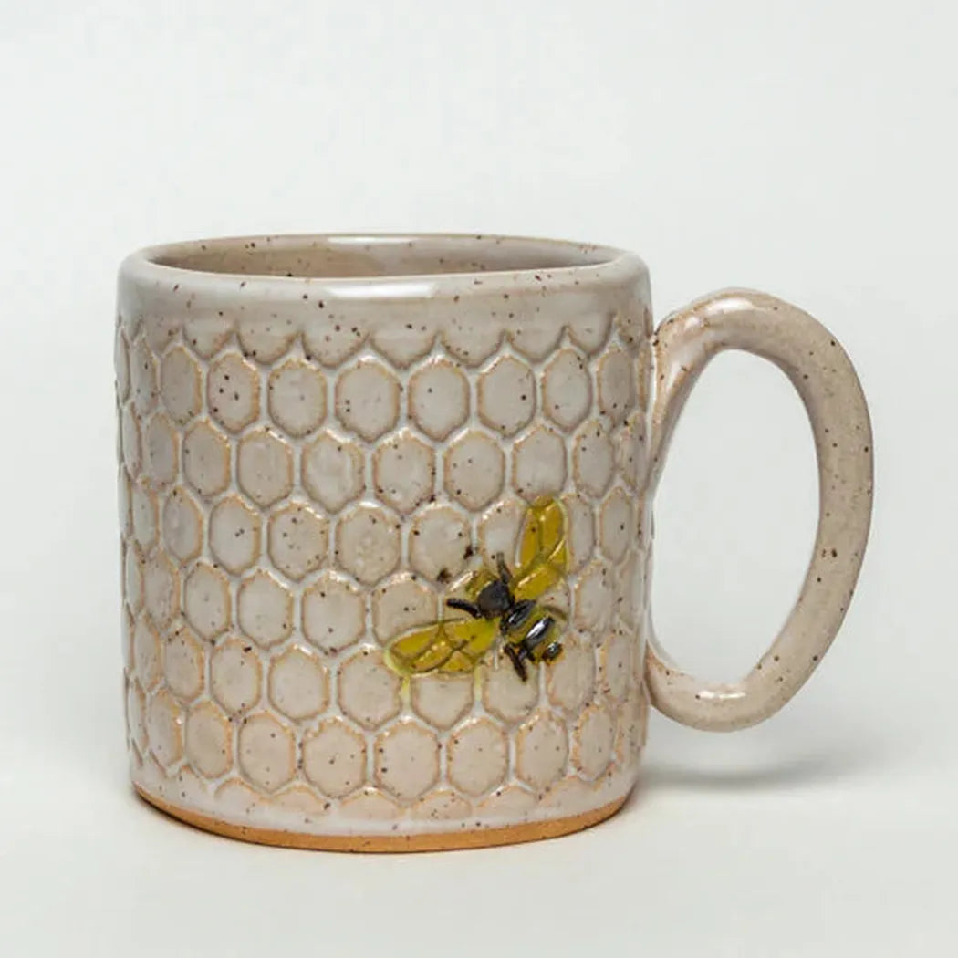 White Squirrel Clayworks Bee Pattern Handmade in Ohio Ceramic White 10 oz Mug-Camping - Cooking - Dishware-White Squirrel Clayworks-Appalachian Outfitters