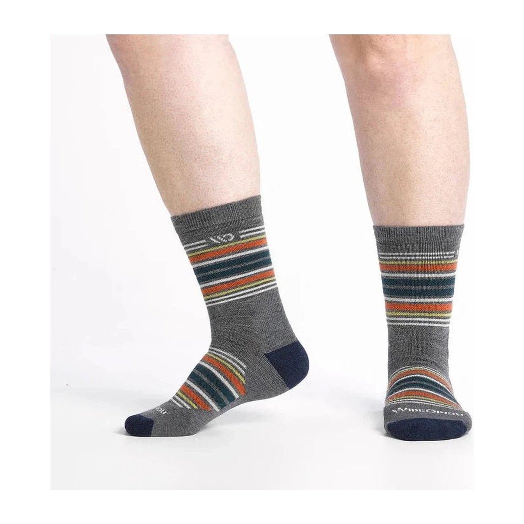 Side view of the Wide Open Men's Multi Stripe Midweight Micro Crew Sock in Gray on a white background.