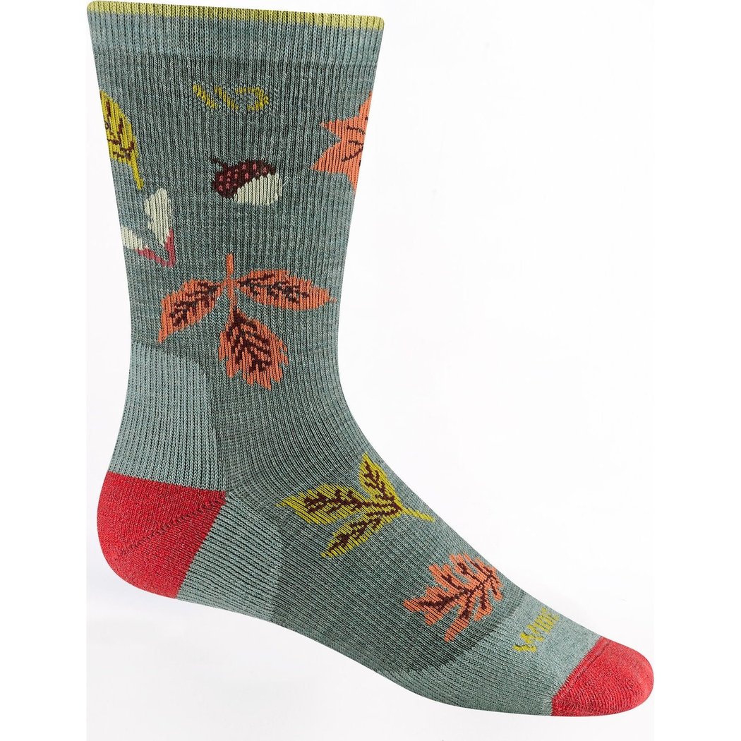 Side view of the Wide Open Women's Fall In Love Cushioned Crew Socks in Seafoam showing the leaf pattern and red heel/toe against a white background.