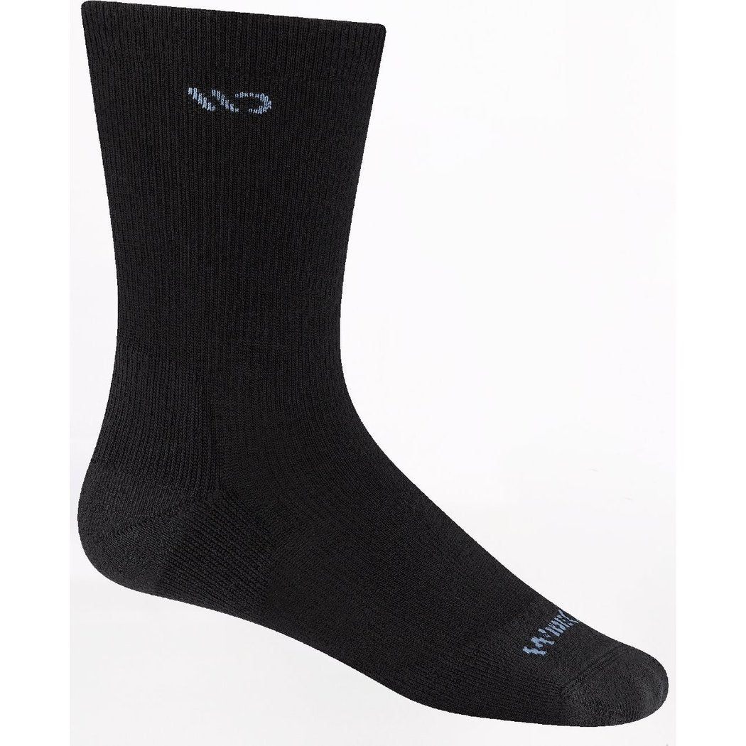 Side view of the Wide Open Women's Solid Cushioned Crew Socks in Black showing the toe logo against a white background.