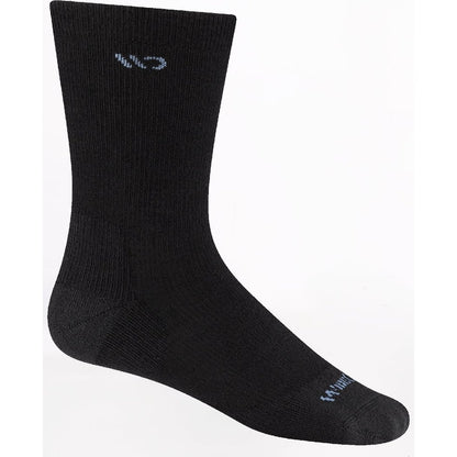 Side view of the Wide Open Women's Solid Cushioned Crew Socks in Black showing the toe logo against a white background.