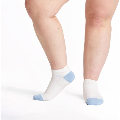 Front view of the Wide Open Women's Solid No Cushion Ankle Socks in White on a model's feet against a white background.