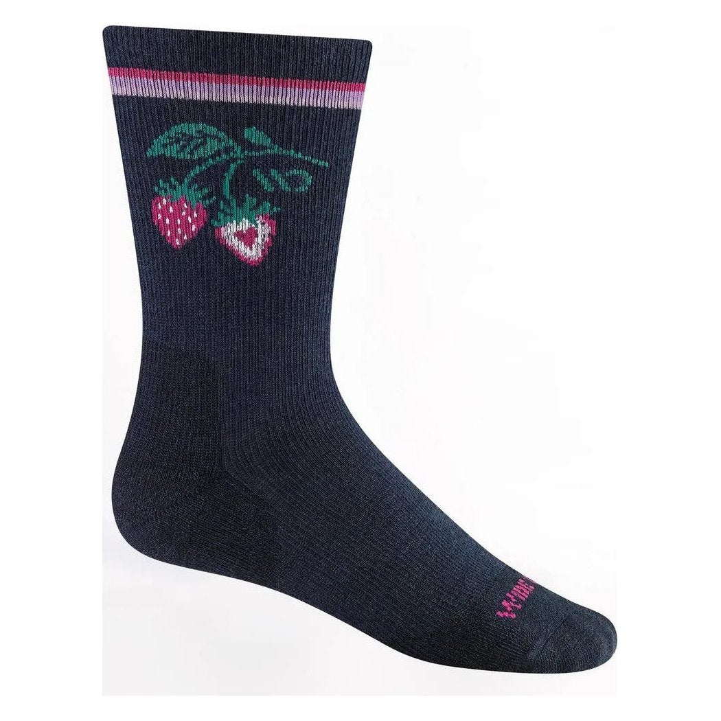 Side view of the Wide Open Women's Strawberry Patch Crew Midweight Cushion Socks in Eclipse showing the strawberry design and pink "WIDE" on the toe against a white background.