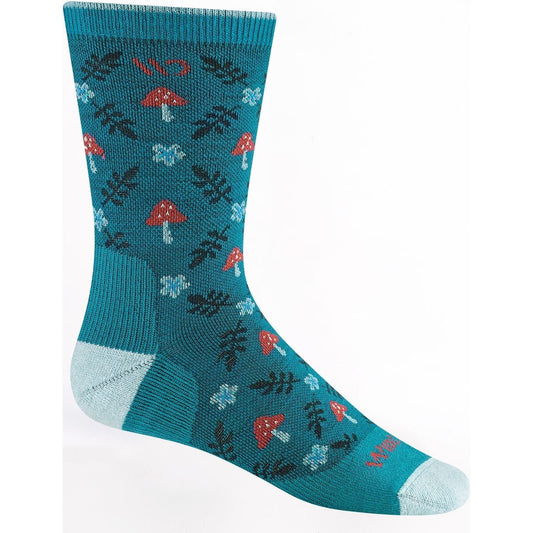 Side view of the Wide Open Women's Wildwood Cushioned Crew Socks in Bright Teal showing the mushroom and leaf pattern against a white background.