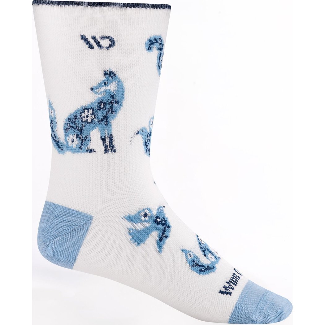Side view of the Wide Open Women's Woodland Wonder No Cushion Micro Crew Socks in Teal showing blue animal and bird designs on a white background.