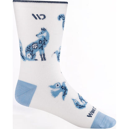 Side view of the Wide Open Women's Woodland Wonder No Cushion Micro Crew Socks in Teal showing blue animal and bird designs on a white background.