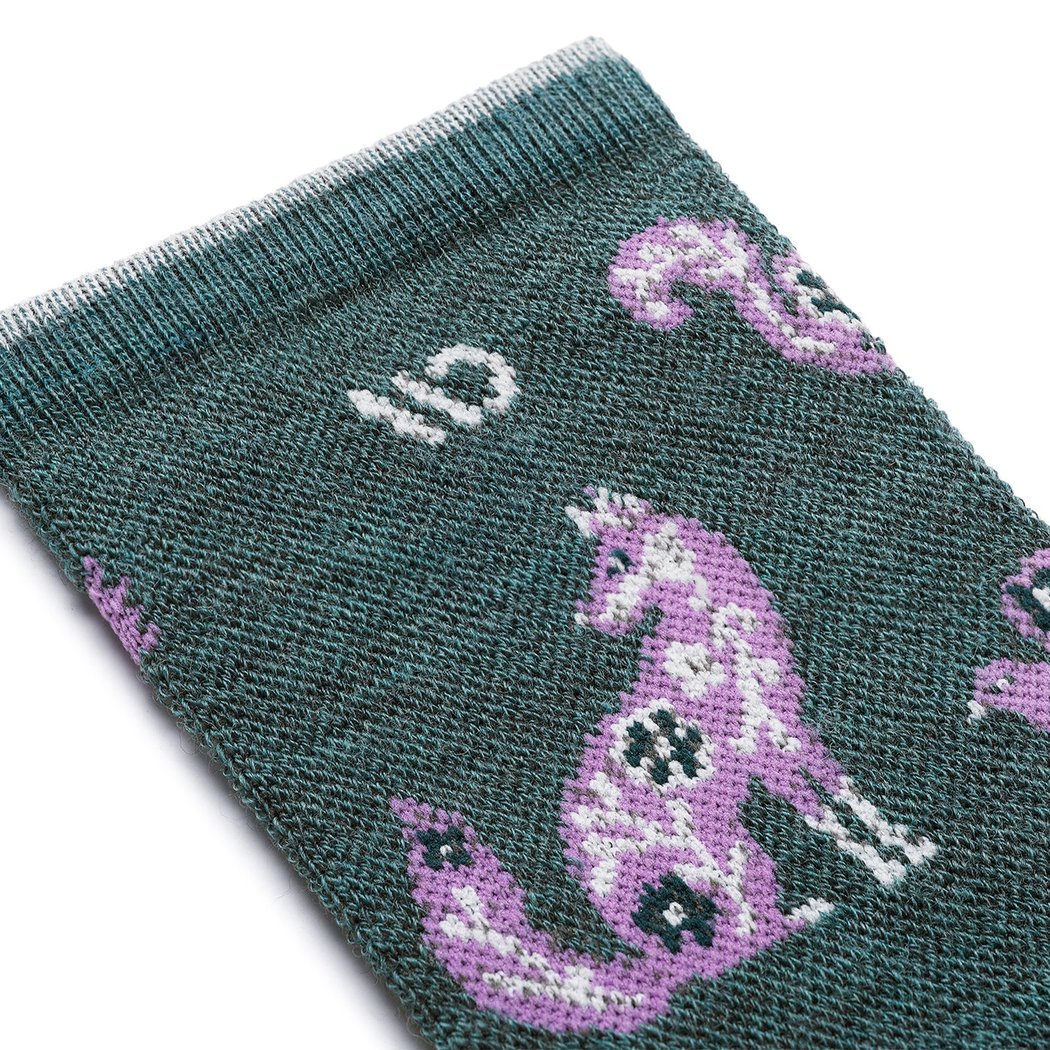Close-up of the Wide Open Women's Woodland Wonder No Cushion Micro Crew Socks in Teal showing the purple woodland animal design on a textured fabric.