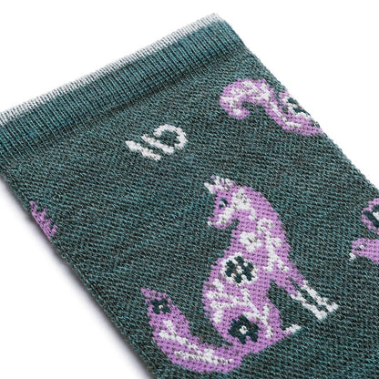 Close-up of the Wide Open Women's Woodland Wonder No Cushion Micro Crew Socks in Teal showing the purple woodland animal design on a textured fabric.