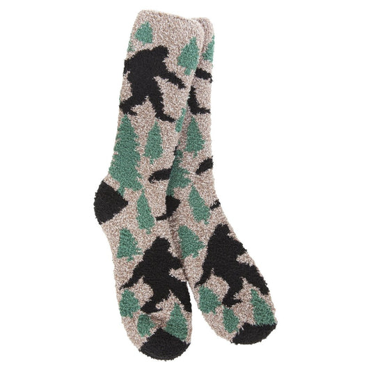Front view of the Worlds Softest 1902 Sleeper Cozy Crew in Sasquatch showing black sasquatch and green tree patterns on a beige background.