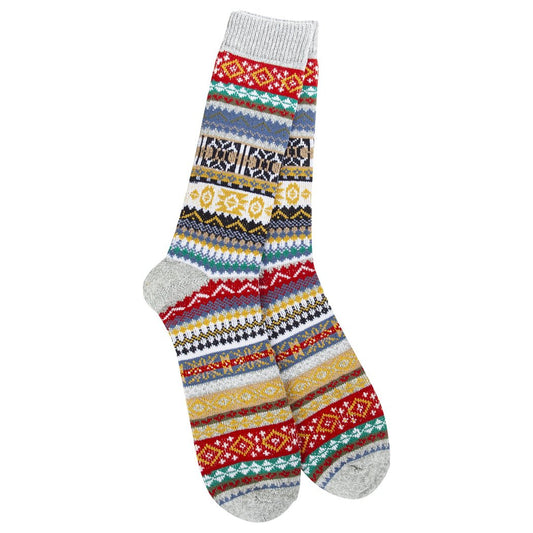 Front view of the Worlds Softest Holiday Men's Studio Crew in Heather Grey Multi showing the colorful patterned design against a white background.
