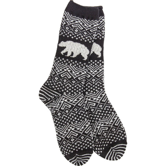 Front view of the Worlds Softest Nature Walk Crew in Black showing the polar bear and geometric patterns against a white background.