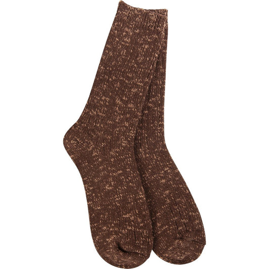Pair of Worlds Softest Weekend Cotton Slub Marled Crew socks in Coffee, folded against a white background.