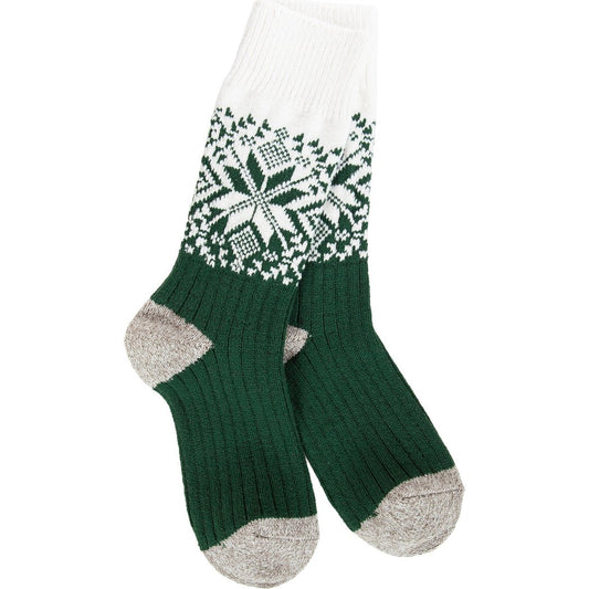 Front view of the Worlds Softest Weekend Holiday Crew in Green/Ivory showing the snowflake pattern and ribbed cuffs.