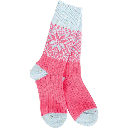 Front view of the Worlds Softest Weekend Holiday Crew in Green/Ivory showing the pink and white knit pattern against a white background.