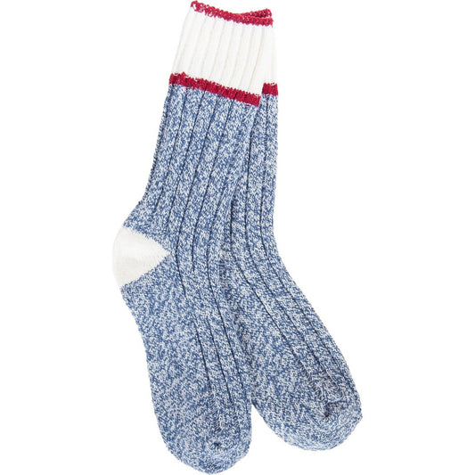 Pair of Worlds Softest Weekend Ragg Color Block Crew socks in Blue/White/Red with ribbed texture and color-block cuffs, shown against a white background.