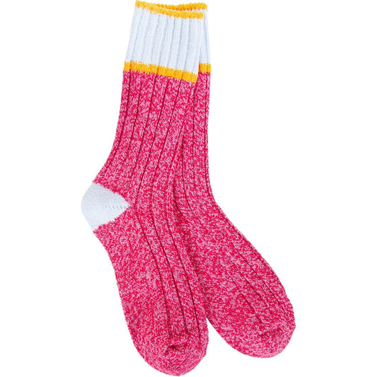 Front view of the Worlds Softest Weekend Ragg Color Block Crew in Blue/White/Red showing the ribbed texture and color block design against a white background.